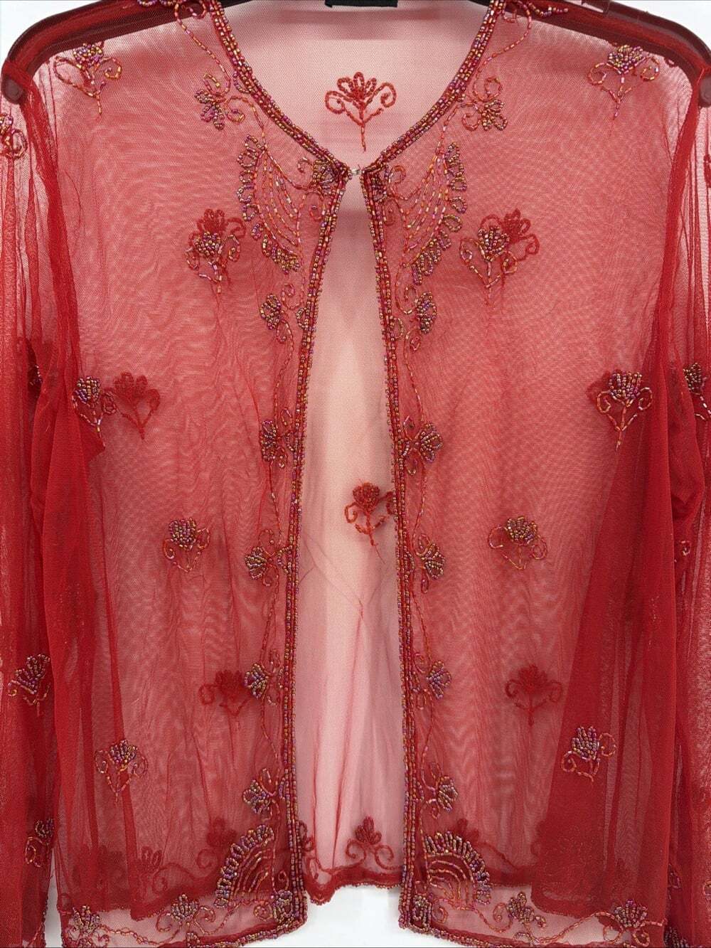 Vintage Krishma Beaded Shear Jacket Cardigan Silk Red Embroidered Shear Top - Picture 2 of 12